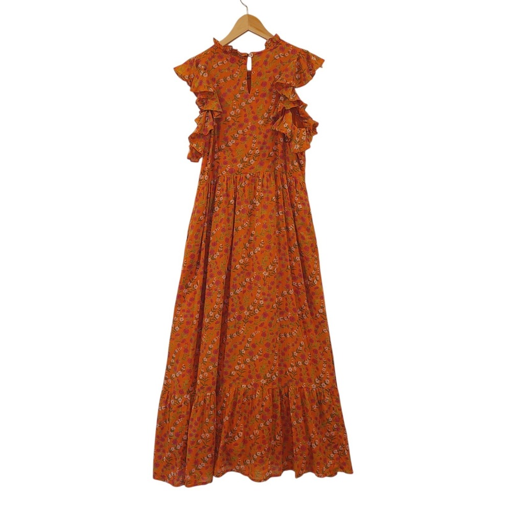 Banjanan Orange Medium Floral Boho Ruffle Tiered‎ Pockets Sleeveless Maxi Dress - Picture 4 of 7